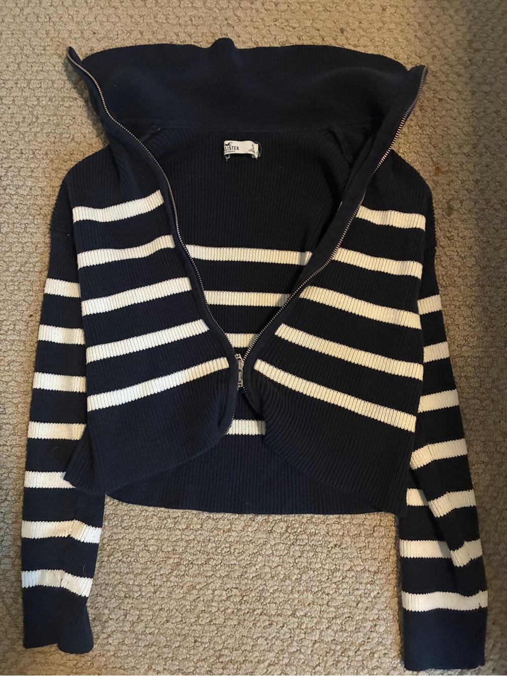 Hollister Navy and White Striped Zip-Up Cropped Cardigan